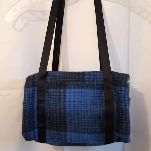 New Plaid Wool Twill Carpet Bag Blue Black classic Mini Duffle travel bag 12x6x6 - Picture 6 of 11